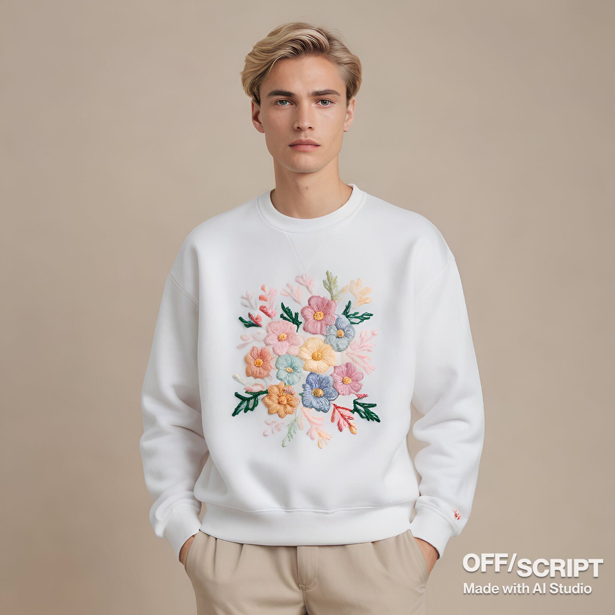 product shot of a white crewneck, with pastel color embroidered flowers in the garment, high-quality texture, premium crewneck, studio photography, plain background