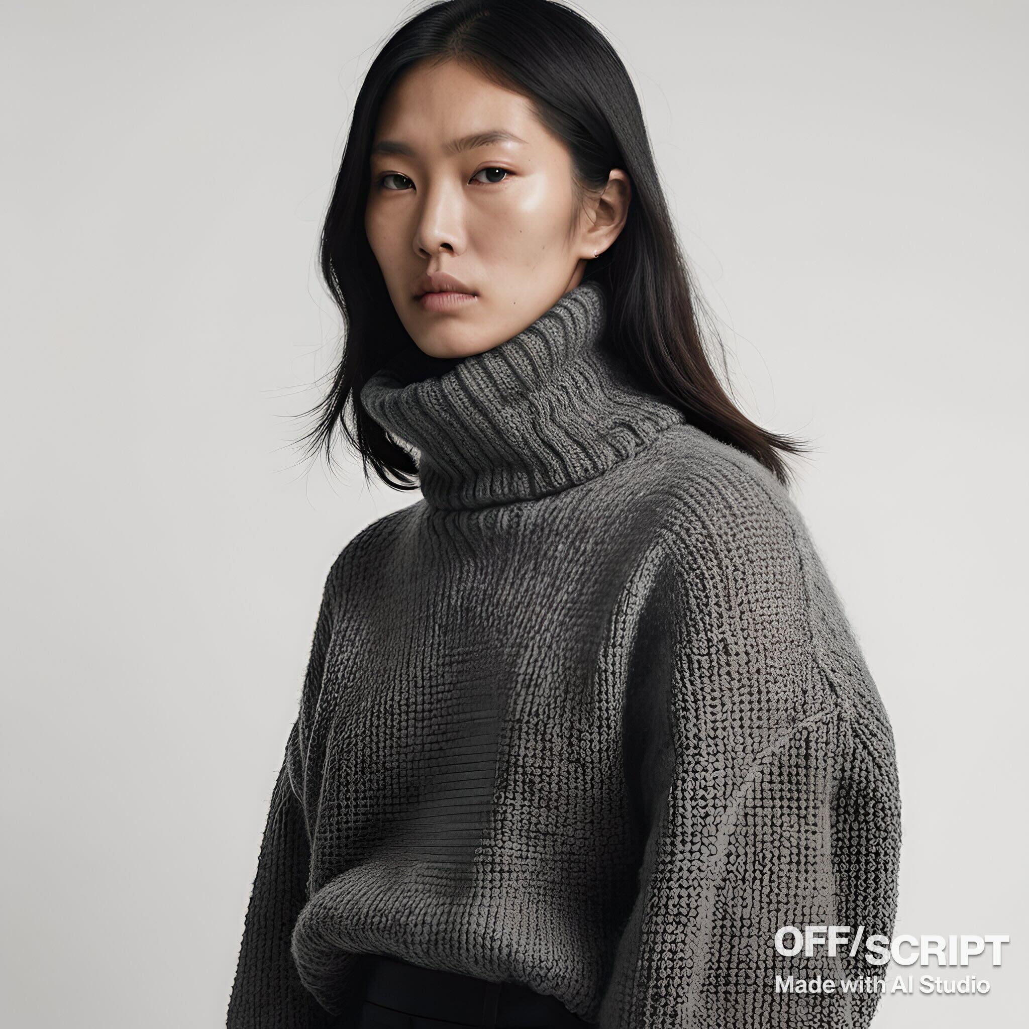 Asian woman wearing an oversized knitted turtle neck on white background. Balenciaga. Full body
