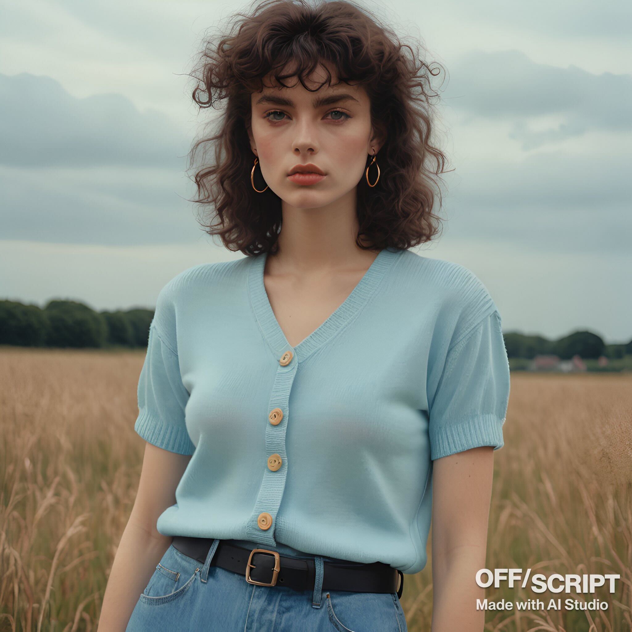 Knitted buttoned up t-shirt with 80s vibes. Pastel blue. Beautiful model. Product shot. Vintage