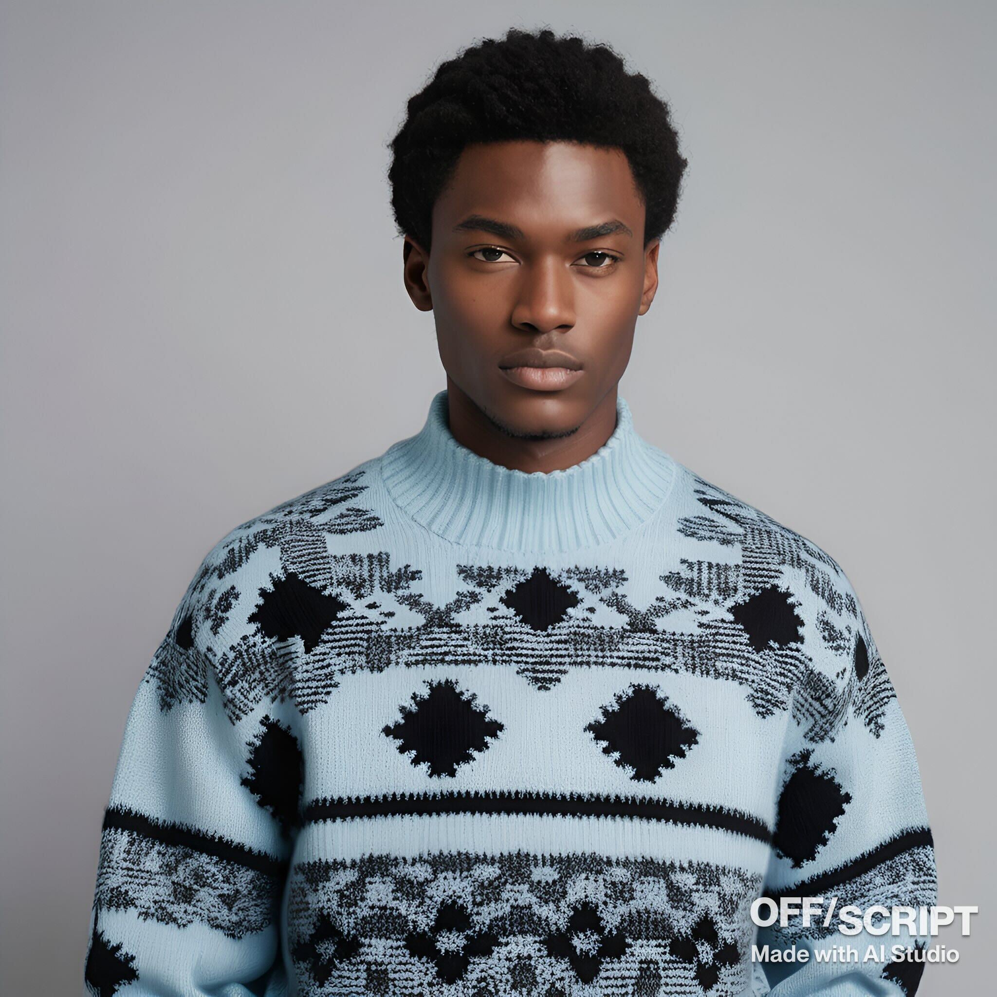 product shot of a pastel blue knitted sweater, black Jacquard graphic pattern of shapes, streetwear, high fashion, plain background