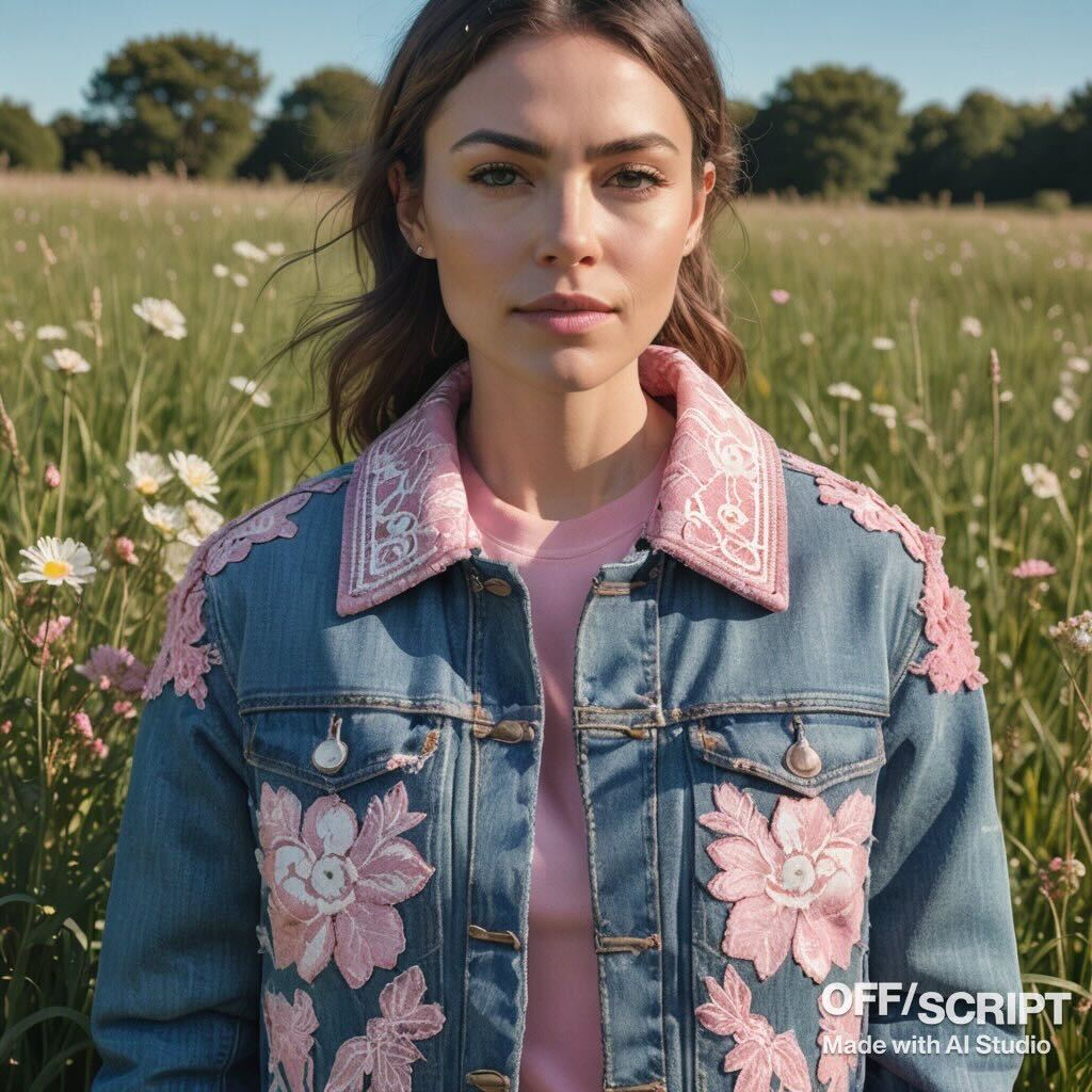 Product shot of a normal woman wearing a rough pink jacket made out of jeans which has an intricate white floral pattern on it and floral 3D aspects, the background is a sunny day in a grassy field.