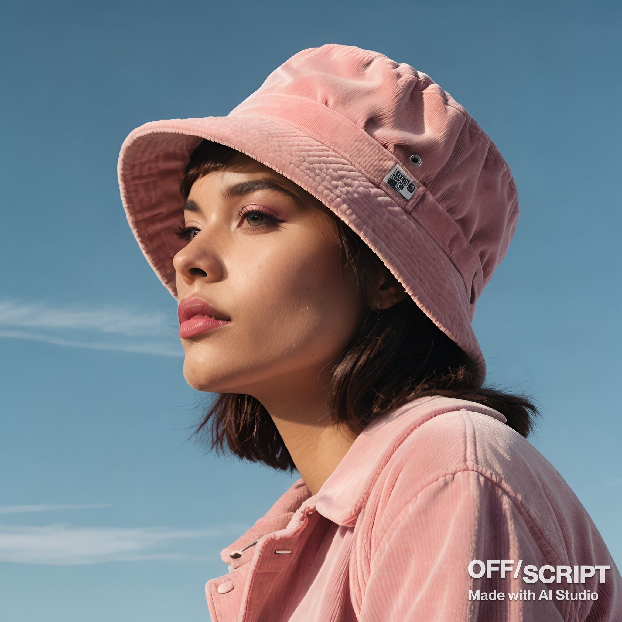 Vintage pink corduroy bucket hat. Blue sky background. Close up. Retro product shot with model posing